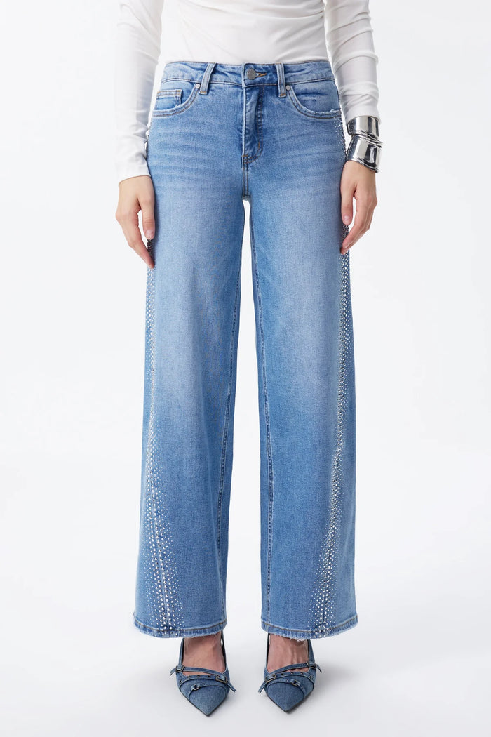 BAYEAS: MID RISE RHINESTONE WIDE LEG JEANS