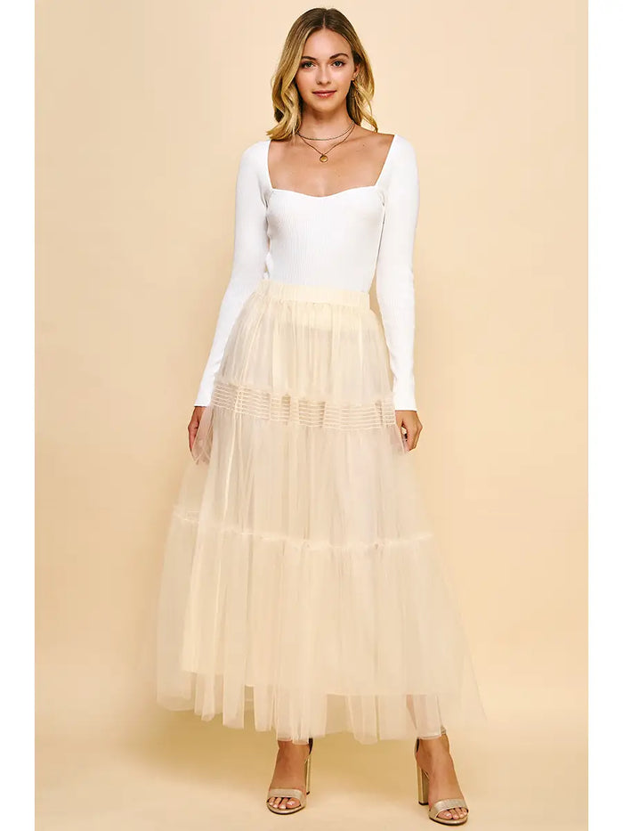 TULLE MESH TIERED MAXI SKIRT - IVORY