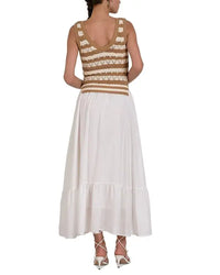 ELAN: CROCHET TANK TIERED MIDI DRESS - WHITE/TAN STRIPE