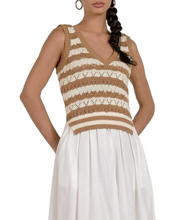 ELAN: CROCHET TANK TIERED MIDI DRESS - WHITE/TAN STRIPE