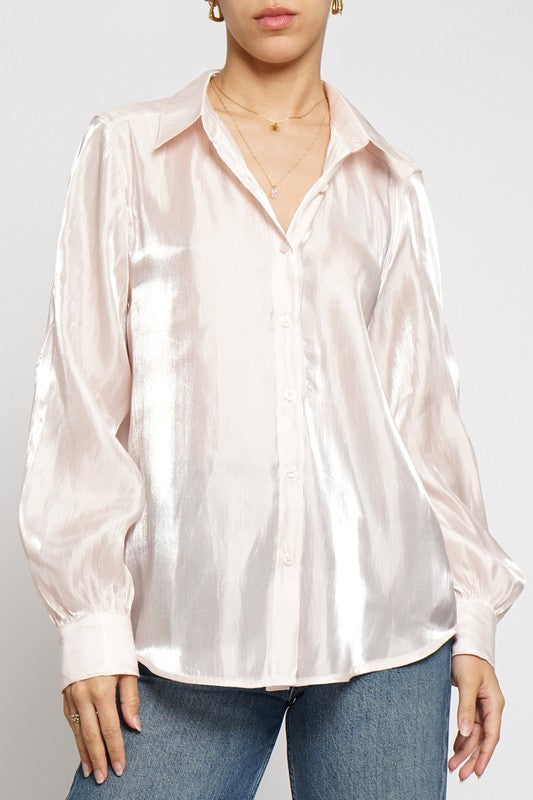 IRIDESCENT BUTTON DOWN SHIRT - LIGHT PINK