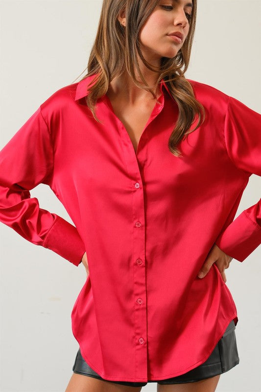 SATIN BUTTON FRONT SHIRT - RED