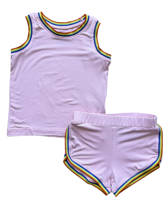 ROWDY SPROUT: RAINBOW ROLLER GIRL POOKIE SHORT SET - PINK