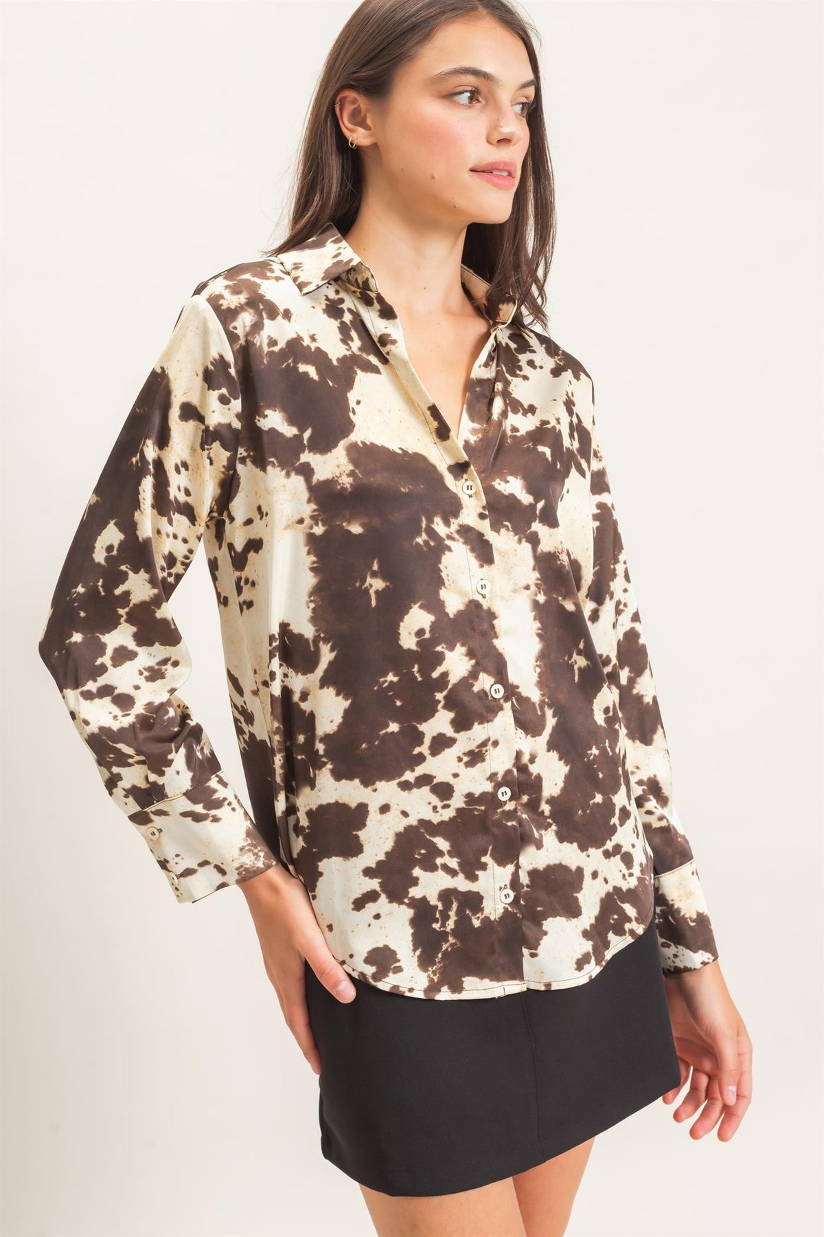 SATIN COW PRINT BUTTON-UP SHIRT