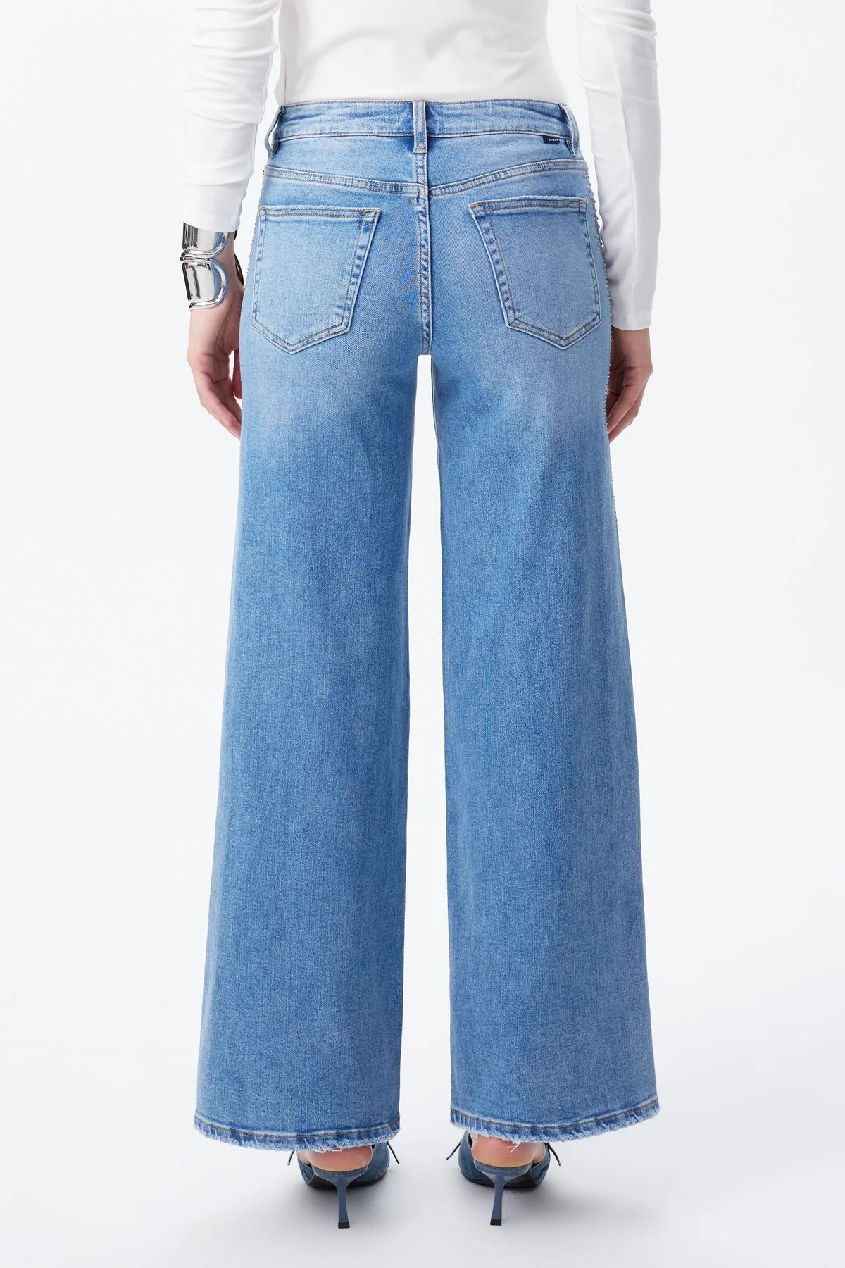 BAYEAS: MID RISE RHINESTONE WIDE LEG JEANS