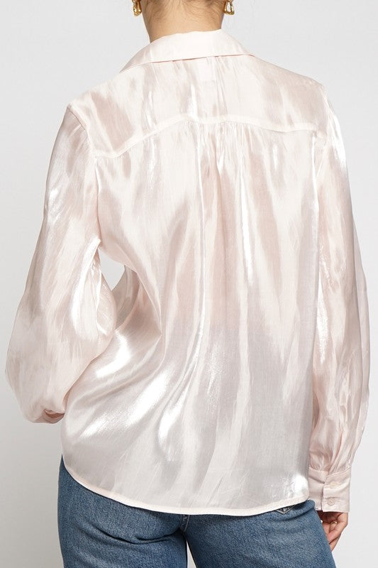 IRIDESCENT BUTTON DOWN SHIRT - LIGHT PINK