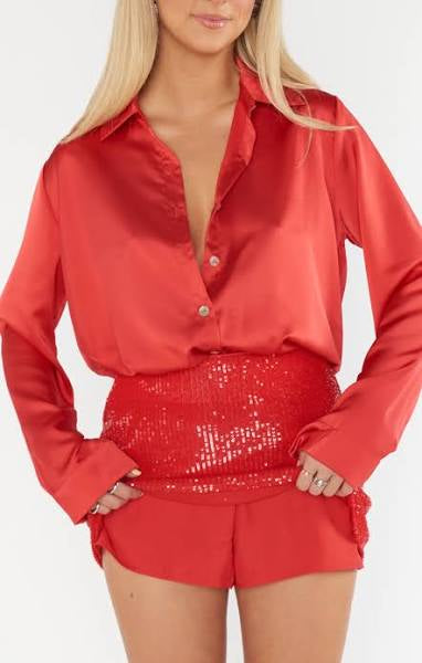 SHOW ME YOUR MUMU: SMITH BUTTON DOWN - RED LUXE SATIN