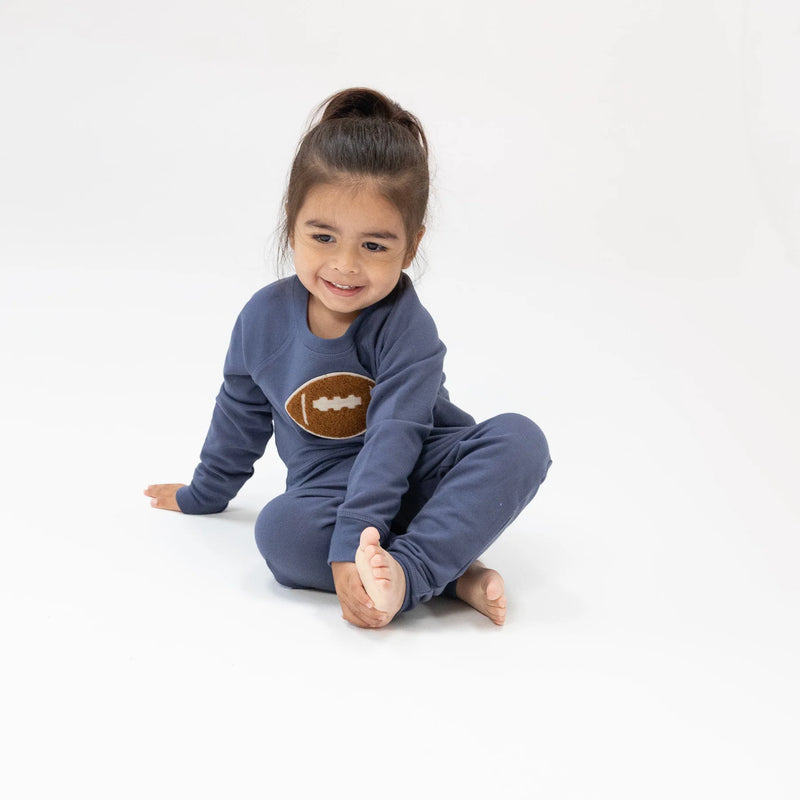 ANGEL DEAR: RAGLAN SWEATSHIRT & JOGGER SET - FOOTBALLS + FRENCH TERRY - INKY BLUE