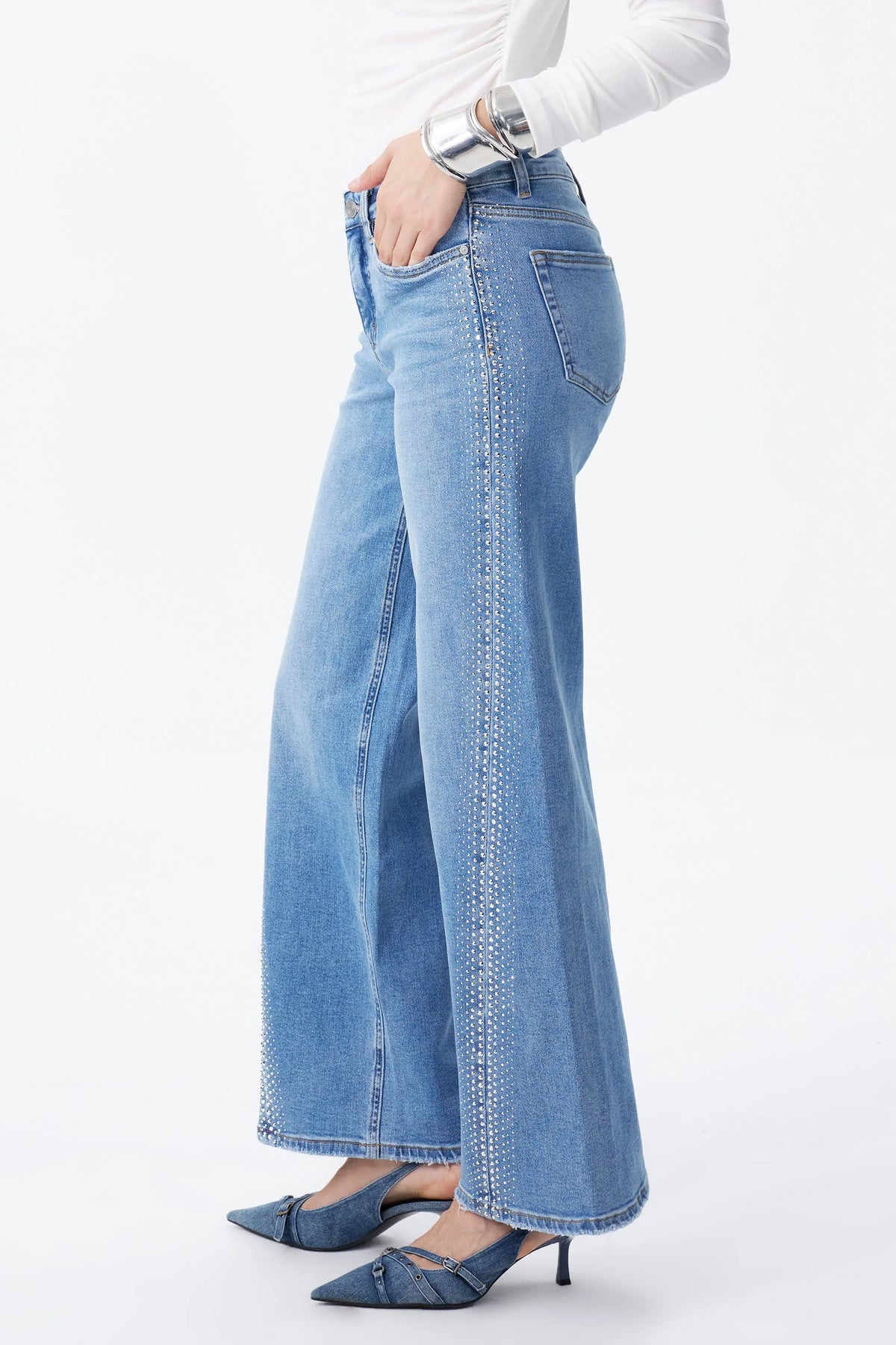 BAYEAS: MID RISE RHINESTONE WIDE LEG JEANS