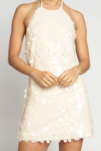 UNEVEN SEQUINS HALTER MINI DRESS - CREAM