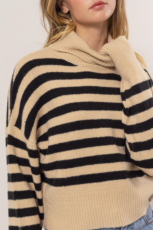 STRIPED TURTLENECK SWEATER - TAUPE/BLACK