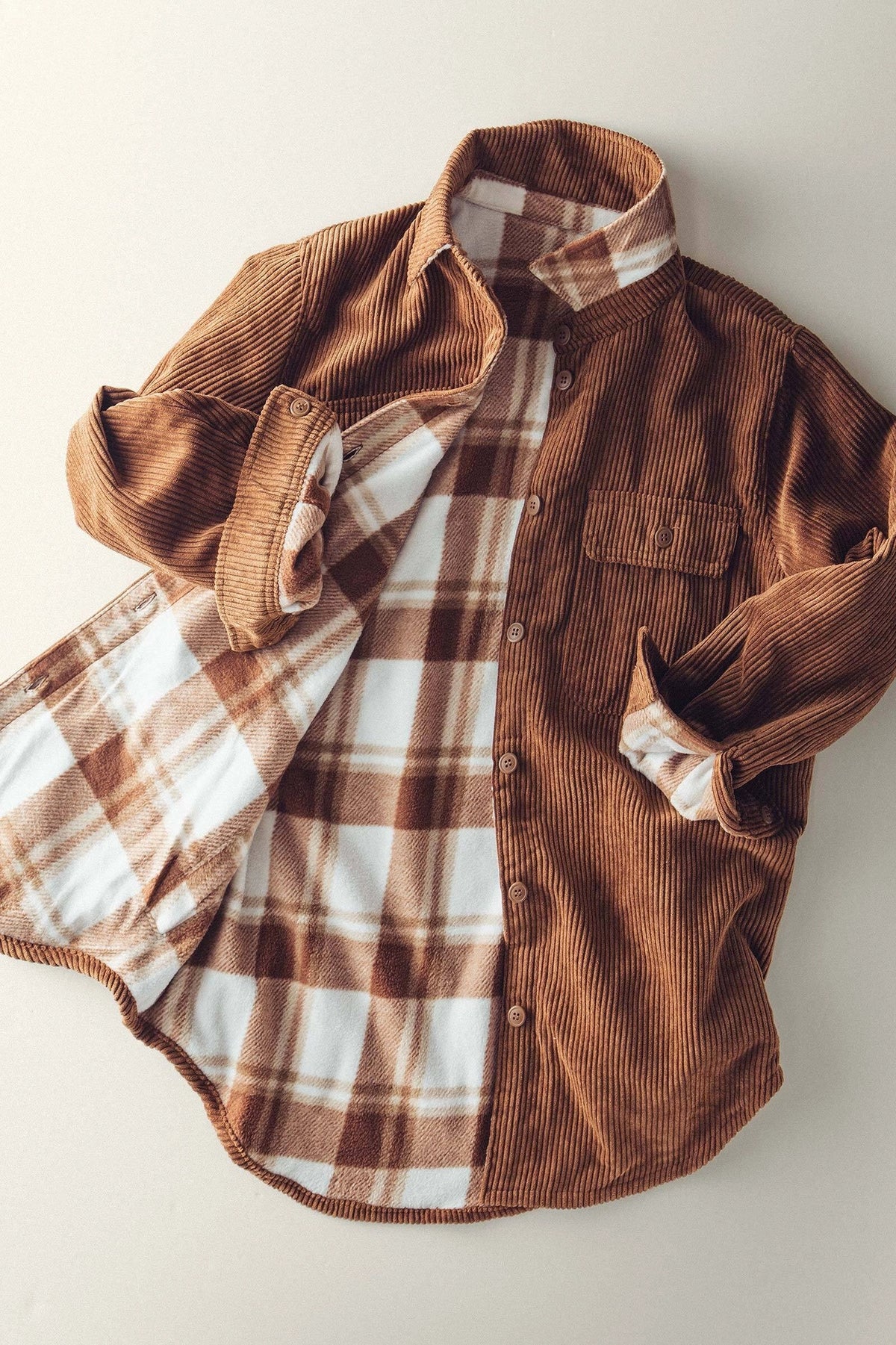 PLAID LINED CORDUROY FLANNEL SHACKET - BROWN