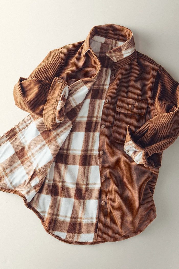 PLAID LINED CORDUROY FLANNEL SHACKET - BROWN