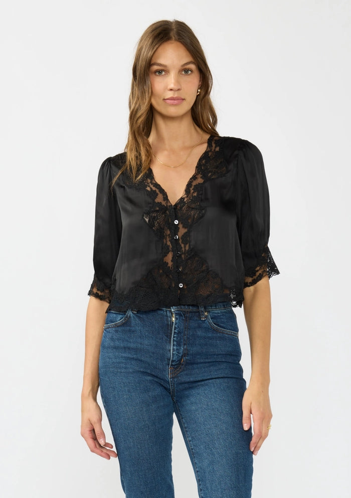 LOVESTITCH: V-NECK BUTTON FRONT BLOUSE WITH LACE TRIM