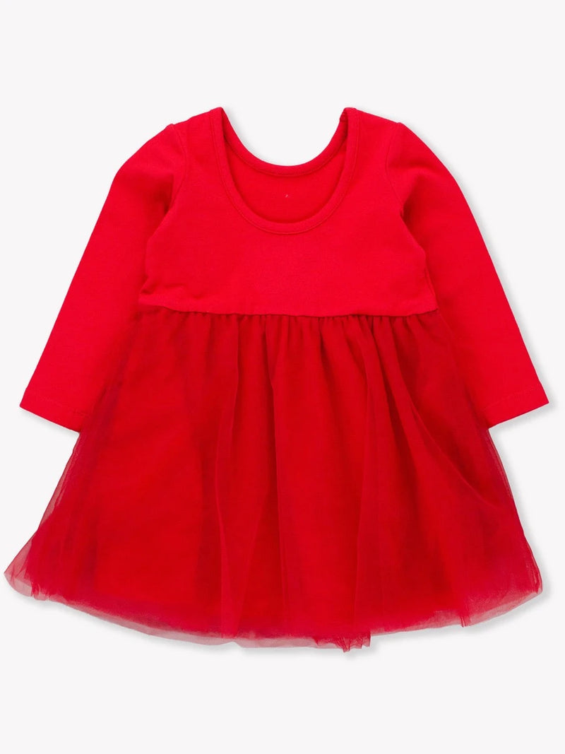 RUFFLE BUTTS: LONG SLEEVE TULLE TWIRL DRESS - RED