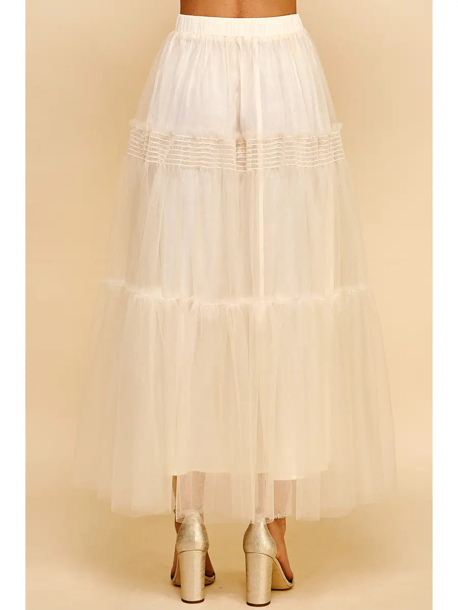 TULLE MESH TIERED MAXI SKIRT - IVORY