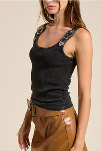 WESTERN SILVER BELT TRIM WASHED TANK TOP - BLACK