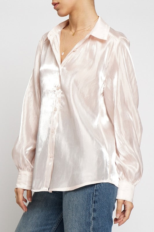 IRIDESCENT BUTTON DOWN SHIRT - LIGHT PINK