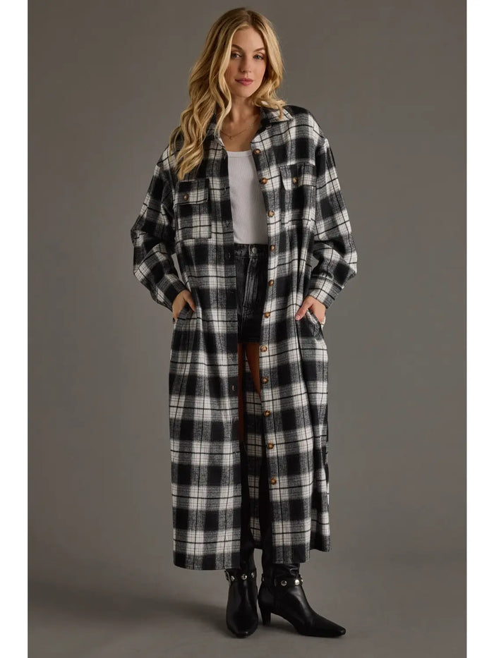 PANACHE APPAREL: BLACK & WHITE PLAID LONG LIGHTWEIGHT JACKET