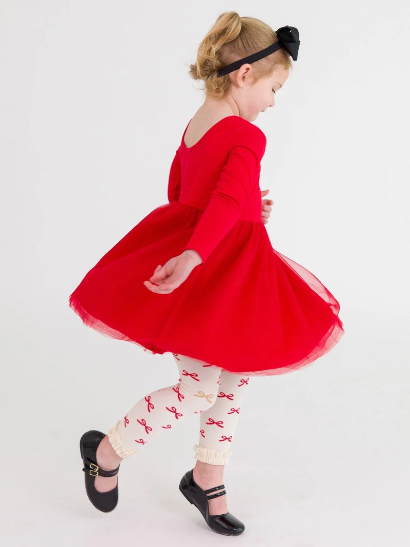 RUFFLE BUTTS: LONG SLEEVE TULLE TWIRL DRESS - RED