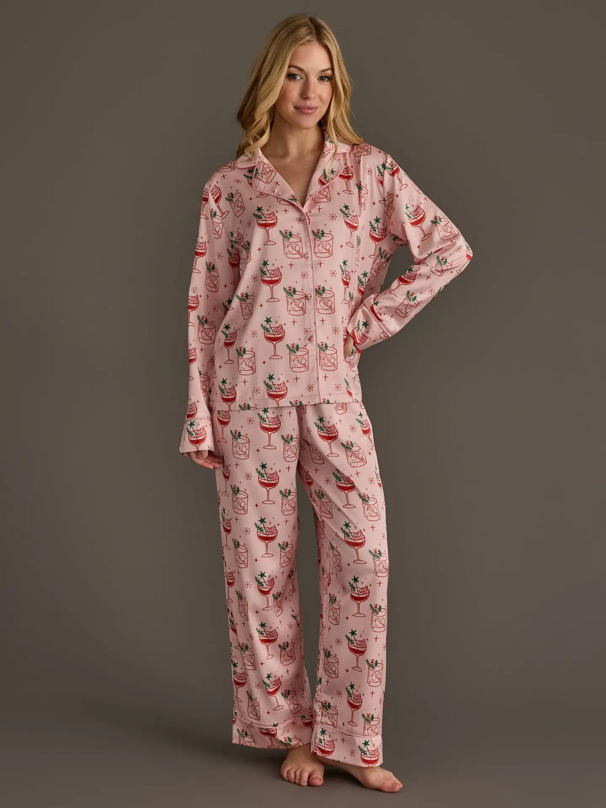 PANACHE: LT. PINK CHRISTMAS COCKTAILS SATIN PAJAMA SET