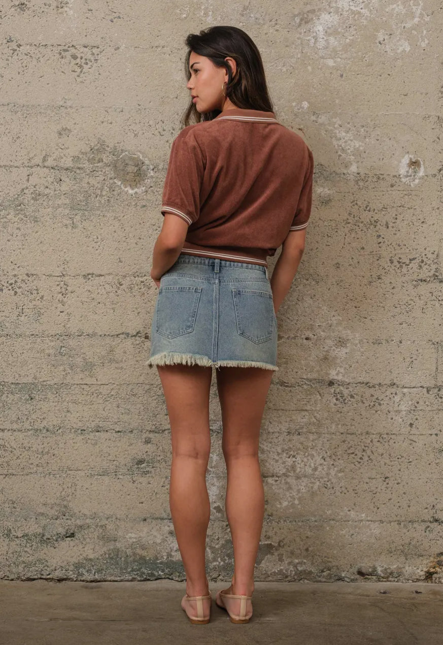 TOWEL TERRY V-NECK POLO TOP - BROWN