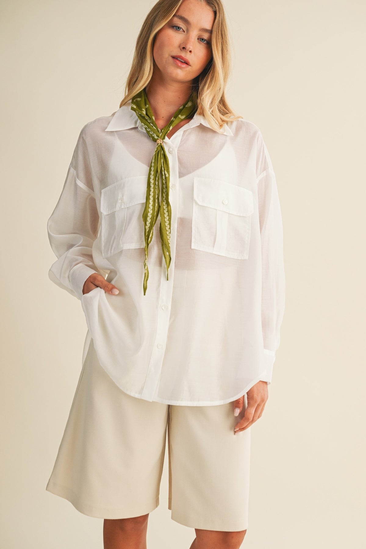 WHITE SHEER SHIRT WITH CARGO POCKETS