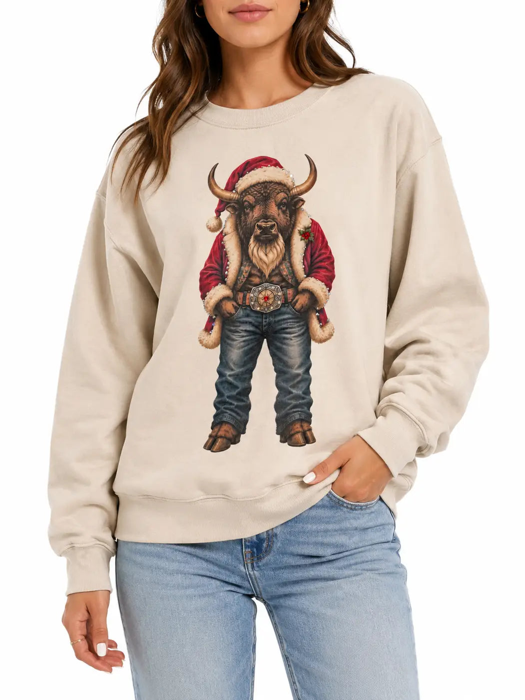 BUFFALO SANTA SWEATSHIRT ON TAN WITH CRYSTALS