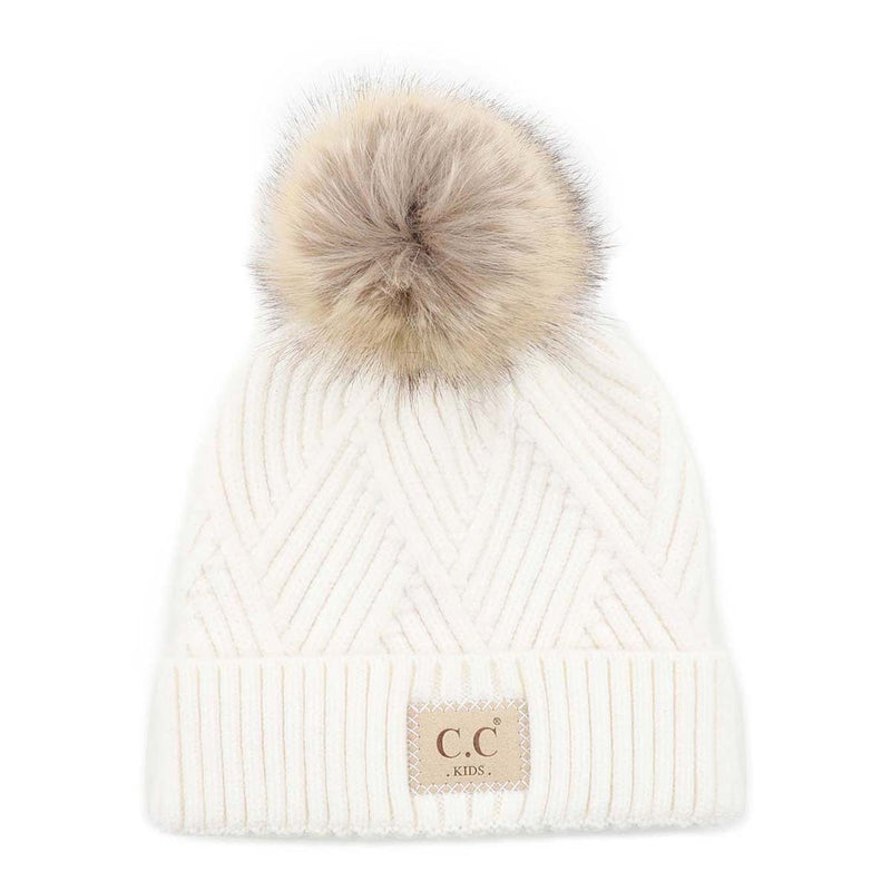 CC BEANIE: KIDS DIAGONAL STRIPES CRISS CROSS BEANIE POM HAT WITH SUEDE PATCH