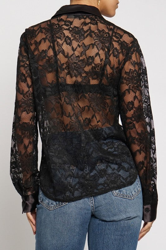 BUTTON DOWN LACE SHIRT - BLACK
