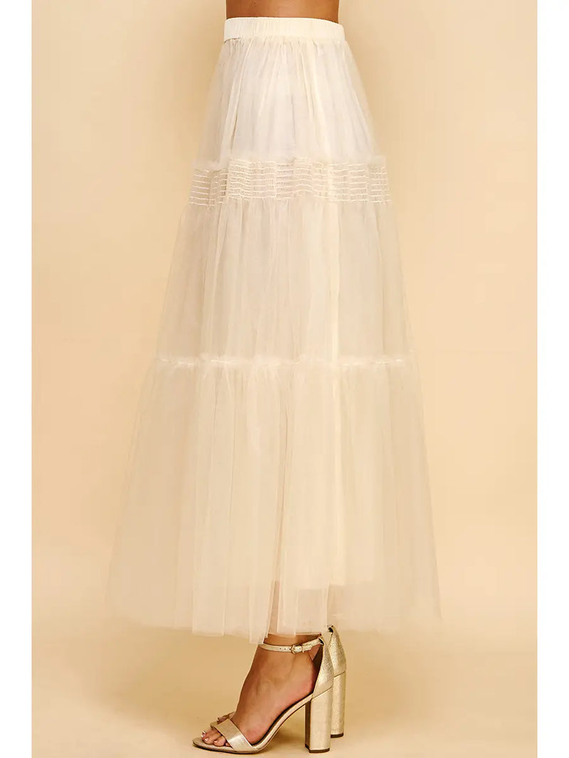 TULLE MESH TIERED MAXI SKIRT - IVORY