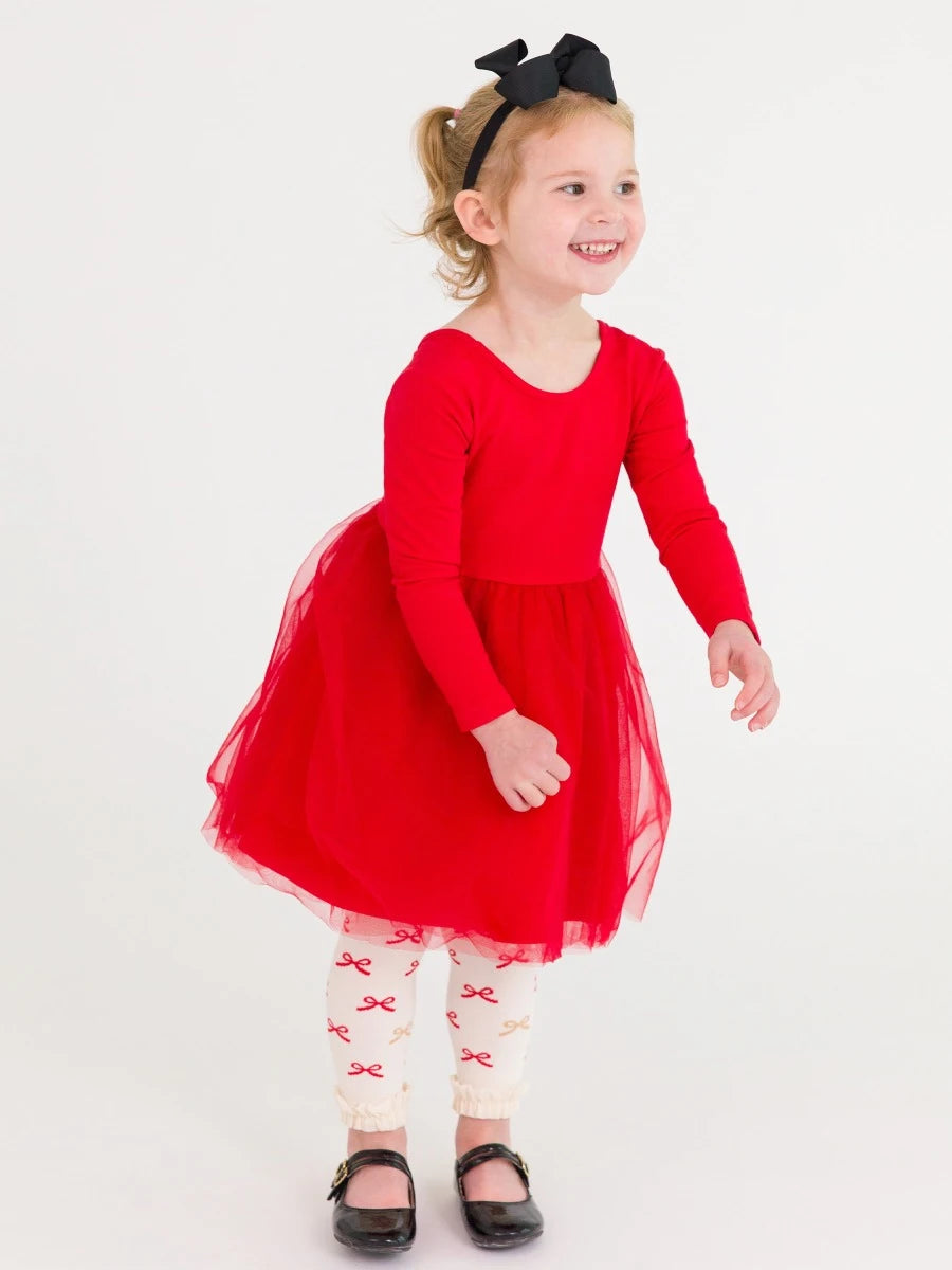 RUFFLE BUTTS: LONG SLEEVE TULLE TWIRL DRESS - RED