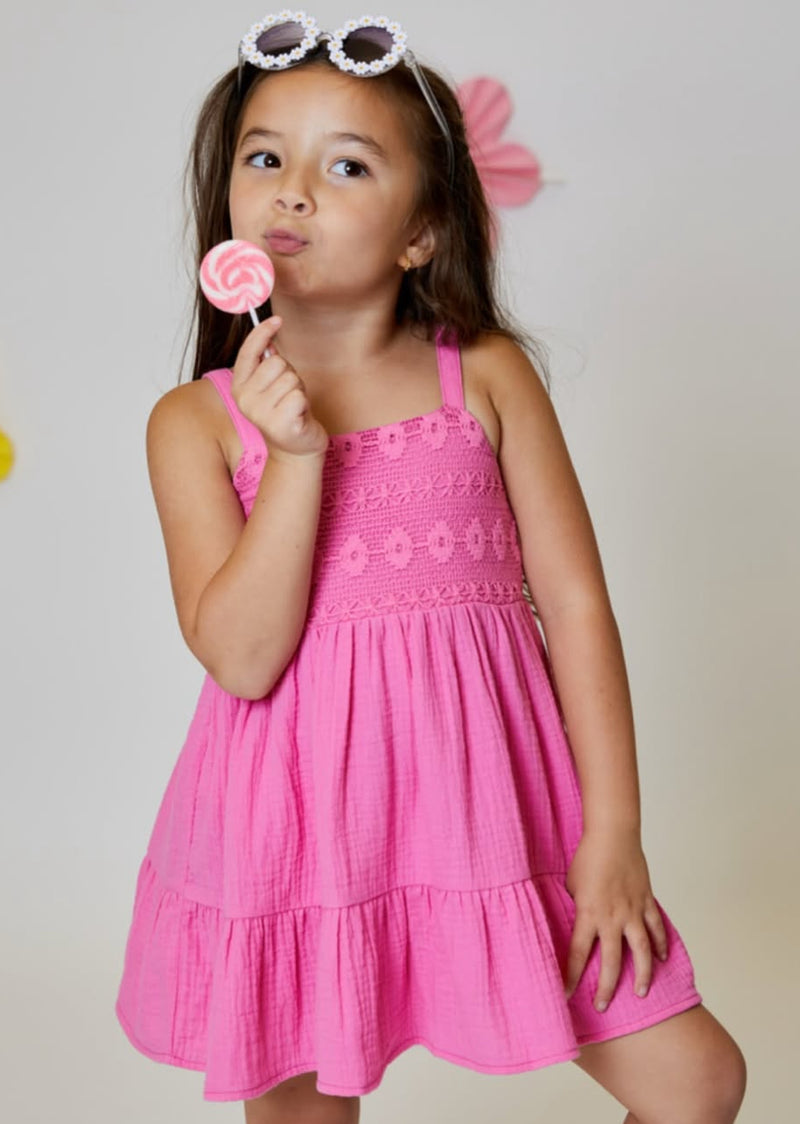 DESIGN HISTORY GIRLS: SMOCKED CROCHETED TIERED TANK DRESS - CHERRY