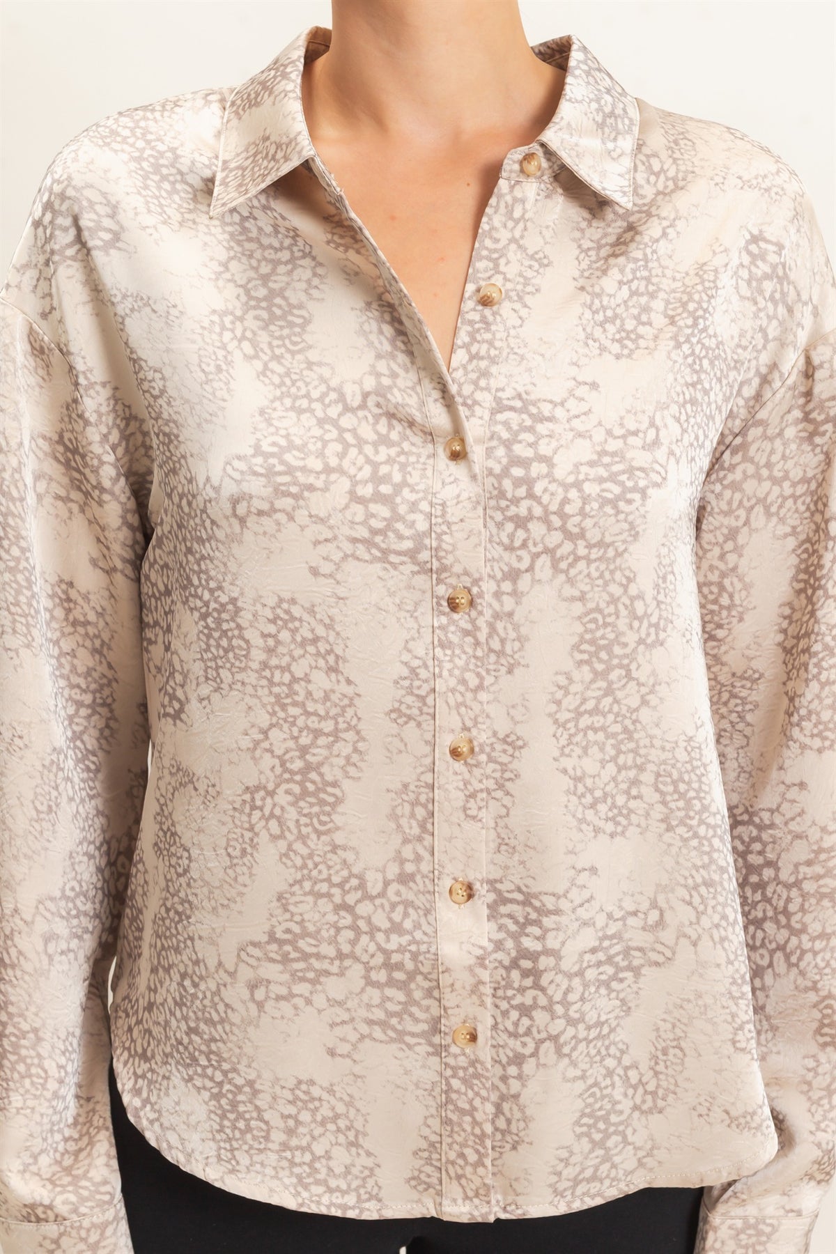LEOPARD SATIN BUTTON-UP SHIRT - TAUPE