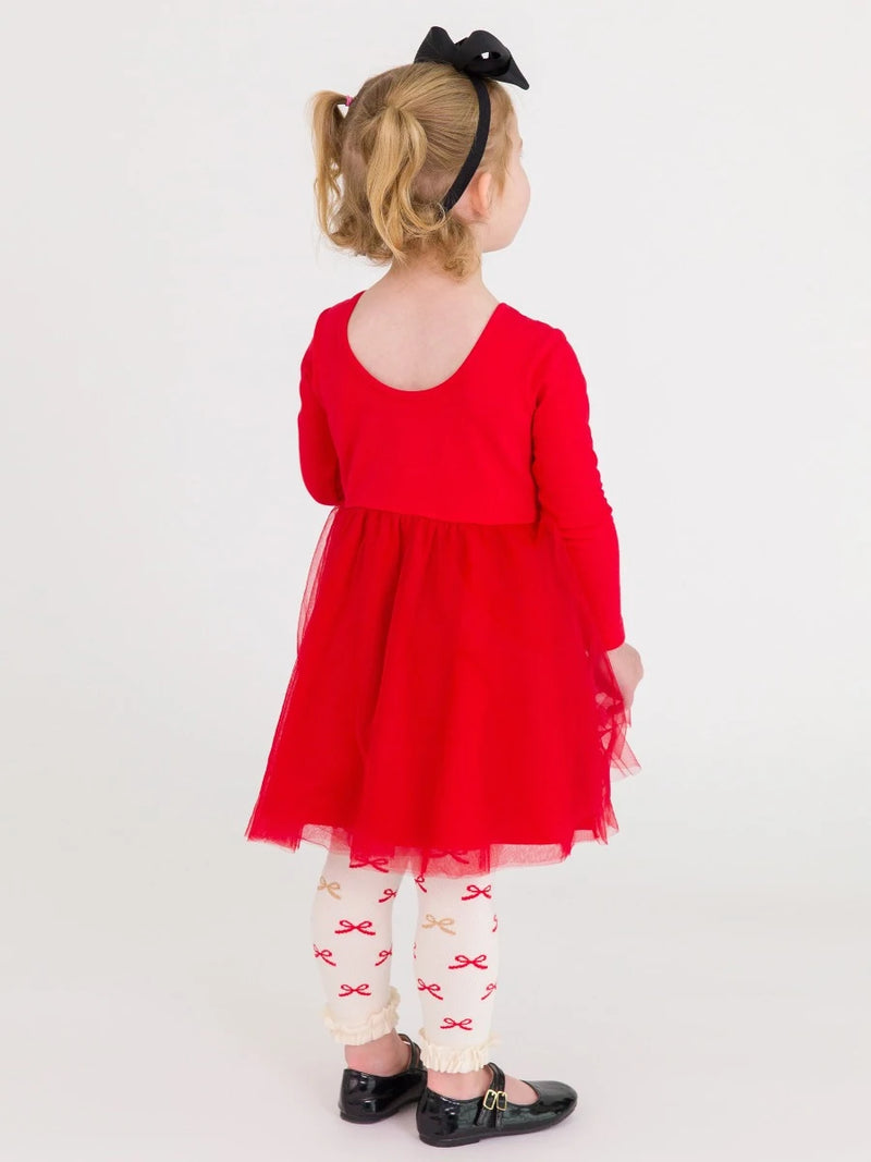 RUFFLE BUTTS: LONG SLEEVE TULLE TWIRL DRESS - RED