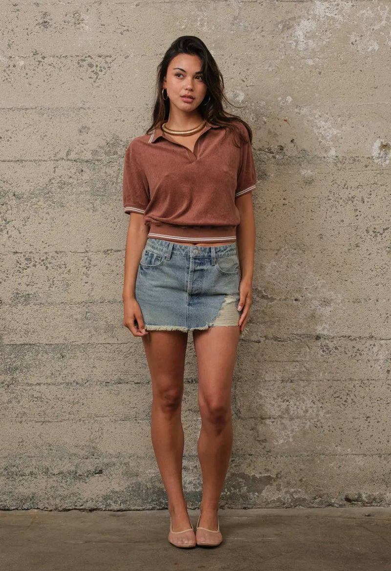 TOWEL TERRY V-NECK POLO TOP - BROWN