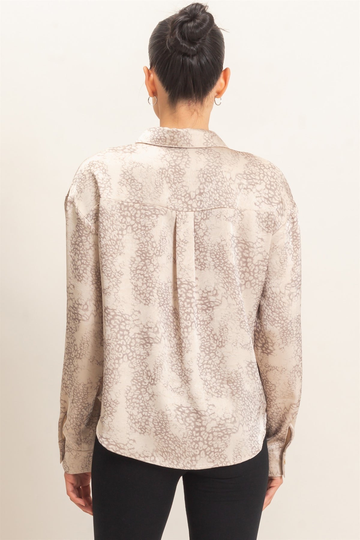 LEOPARD SATIN BUTTON-UP SHIRT - TAUPE
