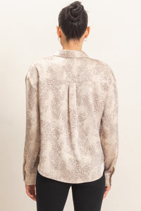 LEOPARD SATIN BUTTON-UP SHIRT - TAUPE