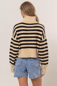 STRIPED TURTLENECK SWEATER - TAUPE/BLACK