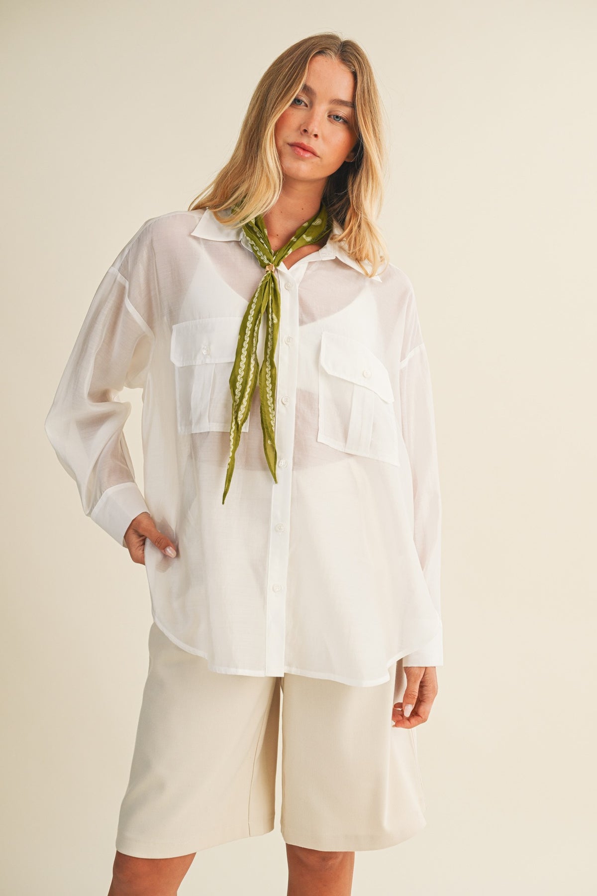 WHITE SHEER SHIRT WITH CARGO POCKETS