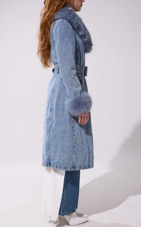 AZALEA WANG: KAYA-DENIM FAUX FUR TRENCH JACKET