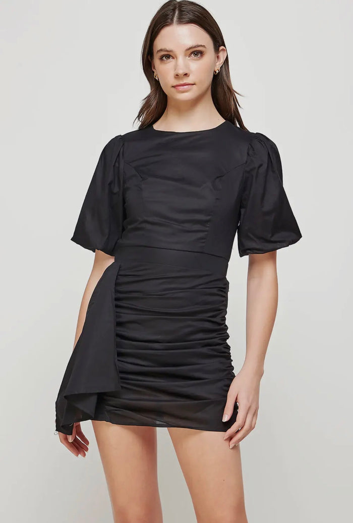 STRUT & BOLT: RUCHED DRESS WITH PUFF SLEEVES - BLACK
