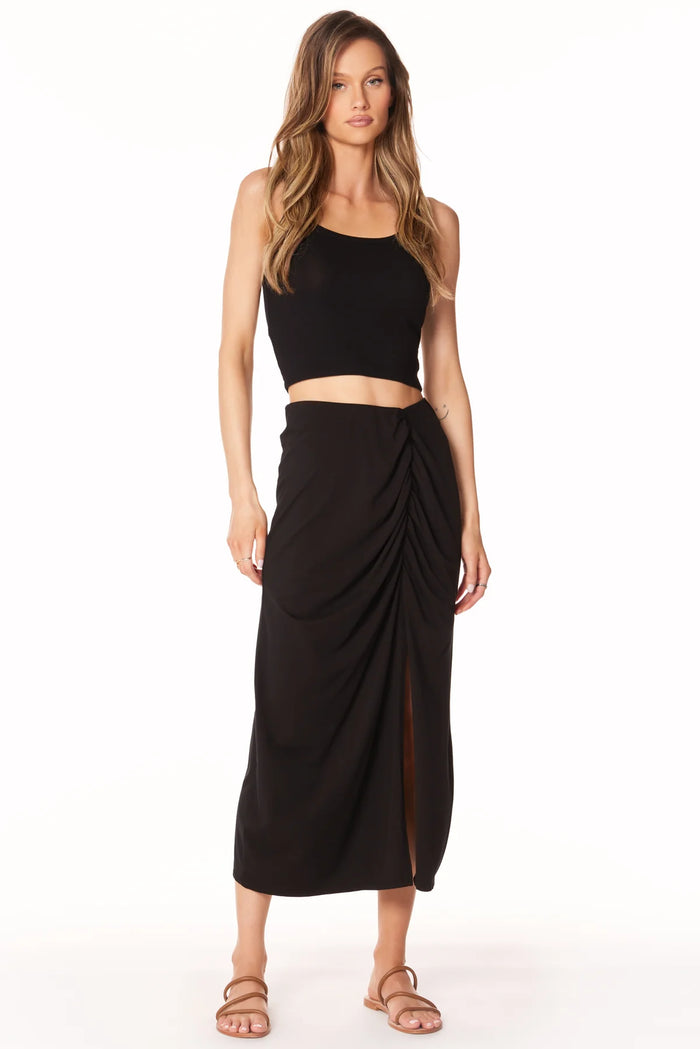 BOBI: SHIRRED SKIRT WITH SLIT - BLACK