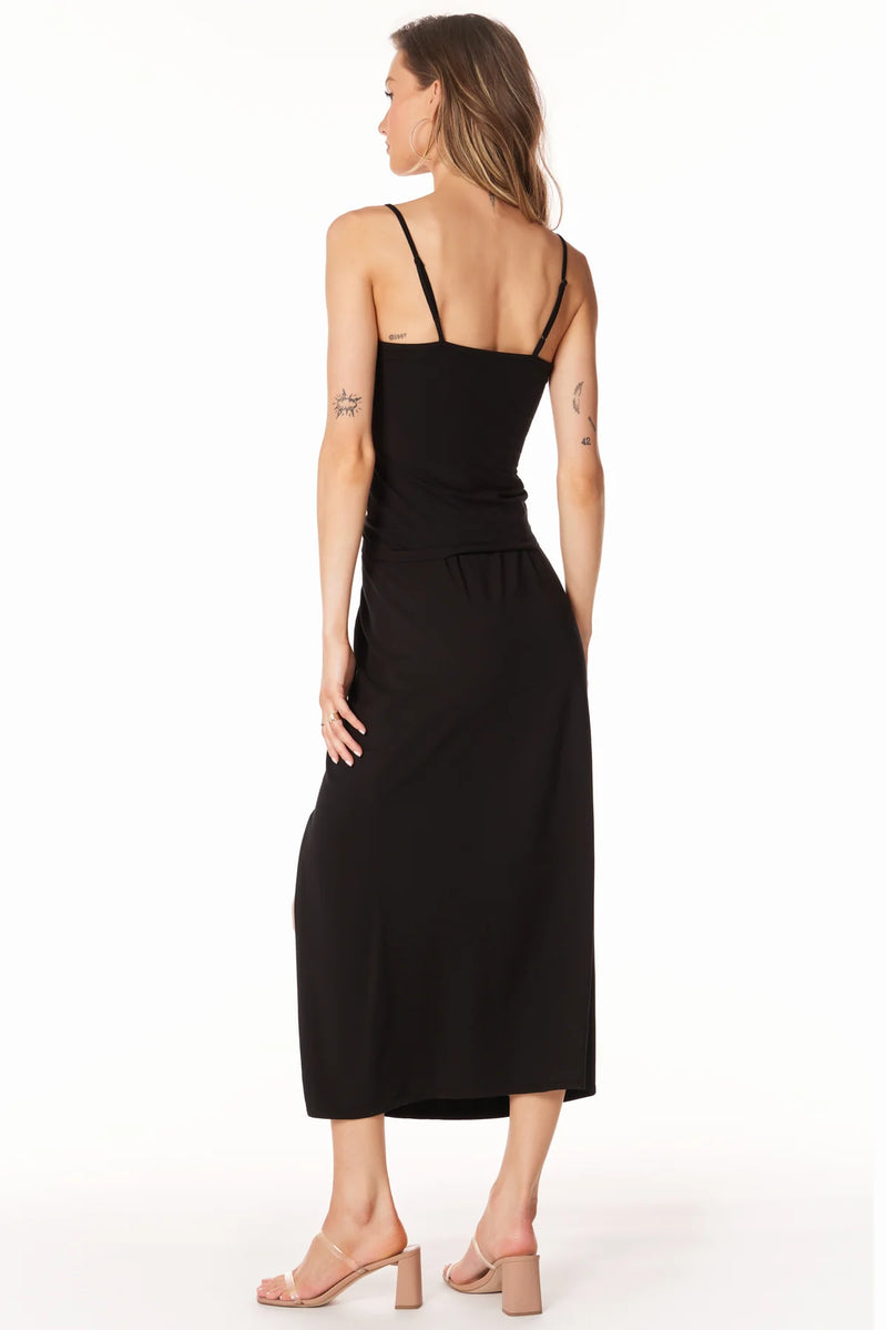 BOBI: SHIRRED SKIRT WITH SLIT - BLACK