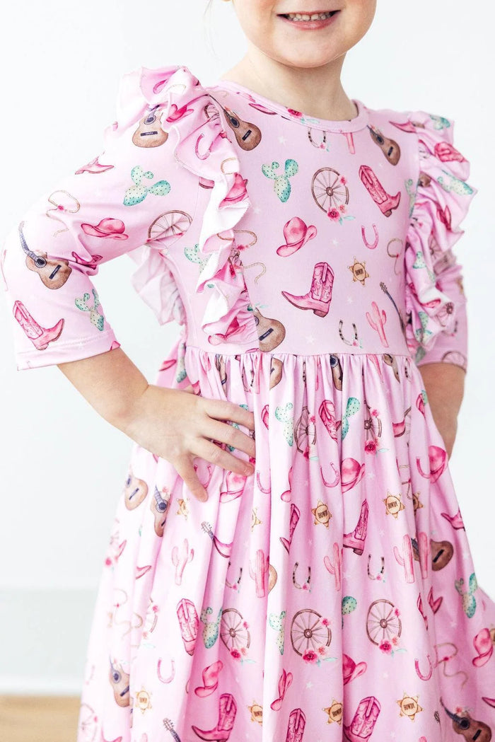MILA & ROE: BOOT SCOOTIN' 3/4 SLEEVE RUFFLE TWIRL DRESS
