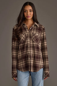PANACHE APPAREL: CHOCOLATE BROWN & TAN PLAID BUTTON UP