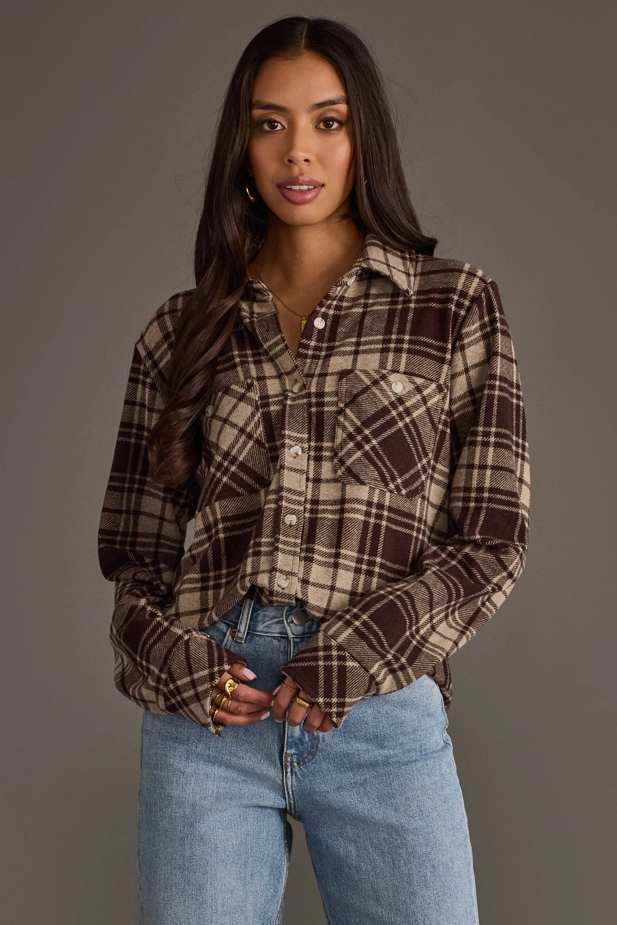 PANACHE APPAREL: CHOCOLATE BROWN & TAN PLAID BUTTON UP