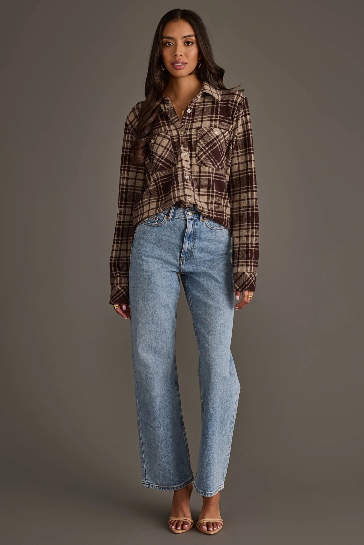 PANACHE APPAREL: CHOCOLATE BROWN & TAN PLAID BUTTON UP