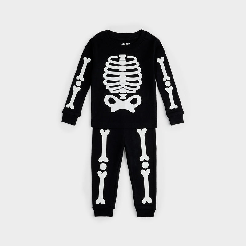 PETIT LEM: SKELETON GLOW IN THE DARK PRINT PJ SET - BLACK