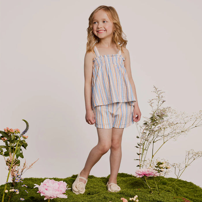 MILES THE LABEL: PEACH AND POWDERED BLUE STRIPE SHORT SET
